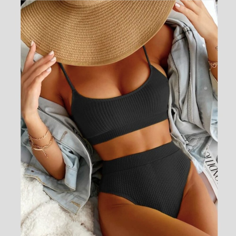 NEW Black Ribbed High Waist Bikini